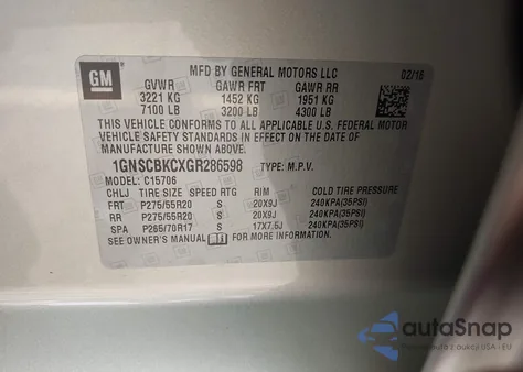 2016 Chevrolet Tahoe Lt z USA, uszkodzony, nr VIN 1GNSCBKCXGR286598